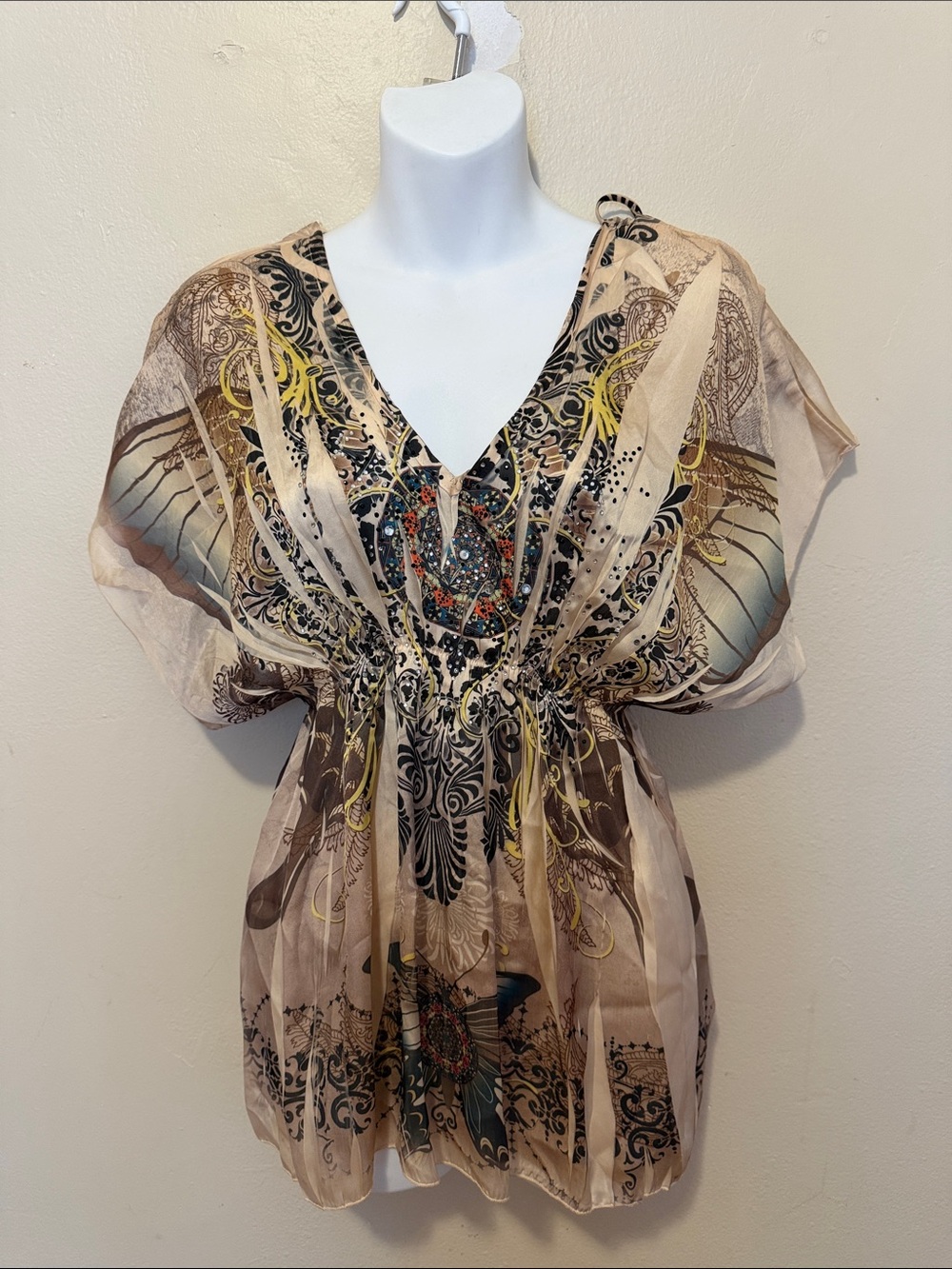 Love Culture Beige Printed V-Neck Waist-Tie Tunic with Multicolor Accents